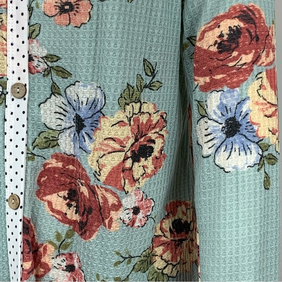 Oddi Retro Spring Floral Rose Polka Dot Teal Cutout Cold Shoulder Bow Top - Picture 8 of 16